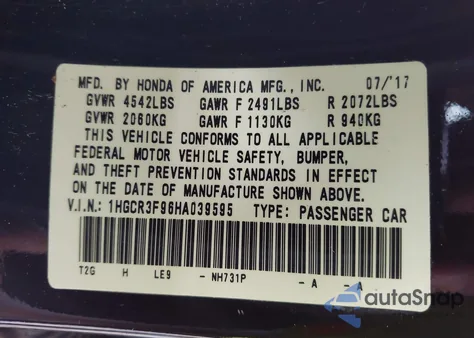 2017 Honda Accord Touring V6 z USA, uszkodzony, nr VIN 1HGCR3F96HA039595